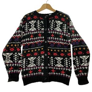Boundary Waters Vintage Fair Isle‎ Cardigan Sweater Black Floral Womens Large